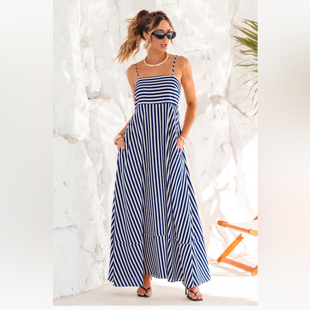 blue and white striped maxi dress